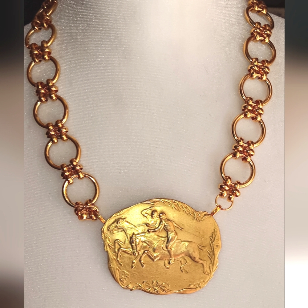 OOAK Antique c.1920-35 Horse Polo Necklace Brooch Brass Chunky Chain Equestrian